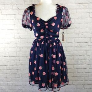 Navy blue dress with pink strawberries. Size 4 has zipper and back.